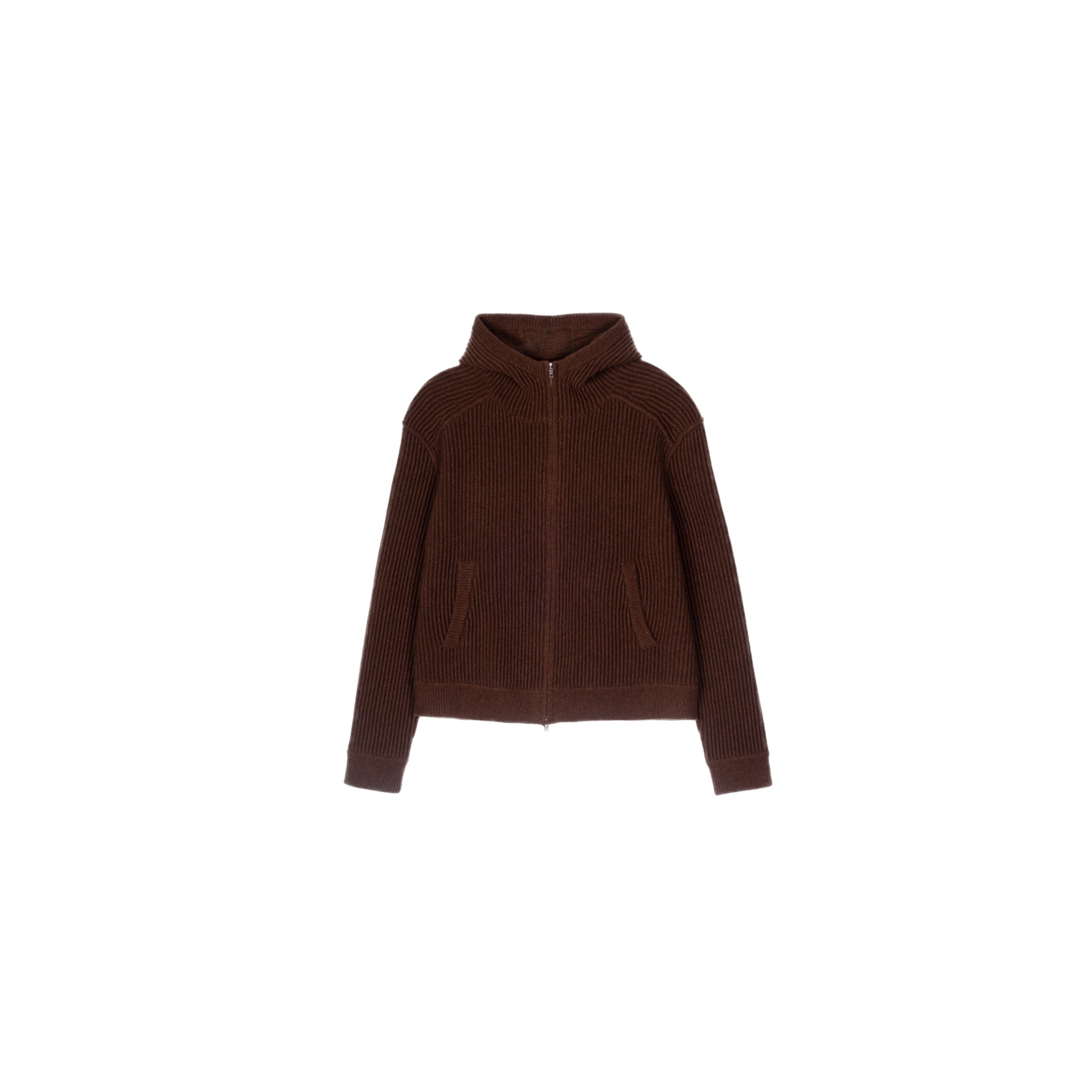 Wool and yak zip hoodie in dark brown, front view