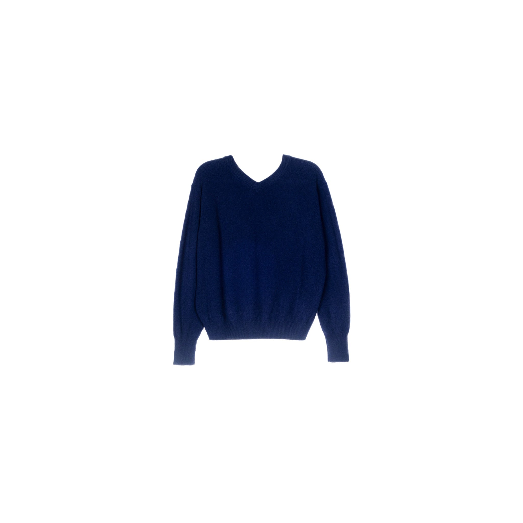 Women's V-neck sweater in navy, back view