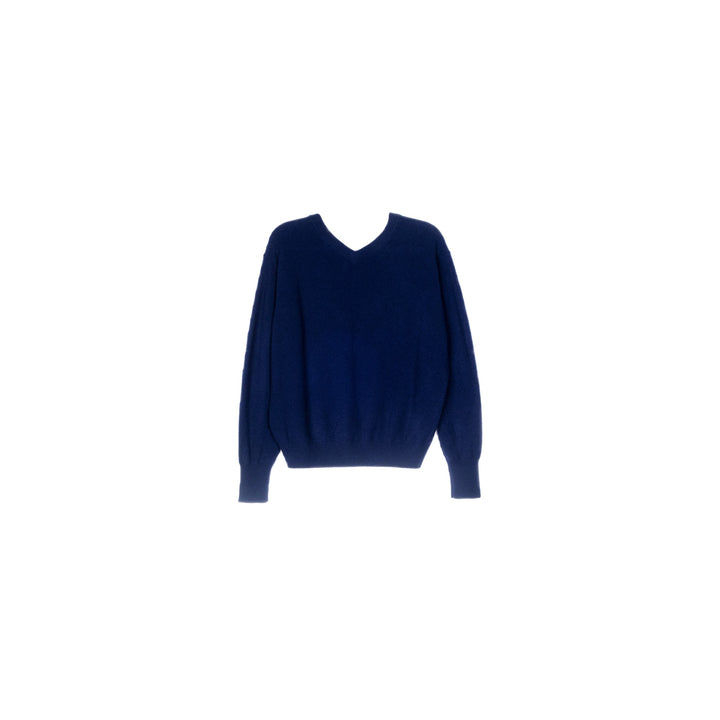 Women's V-neck sweater in navy, back view