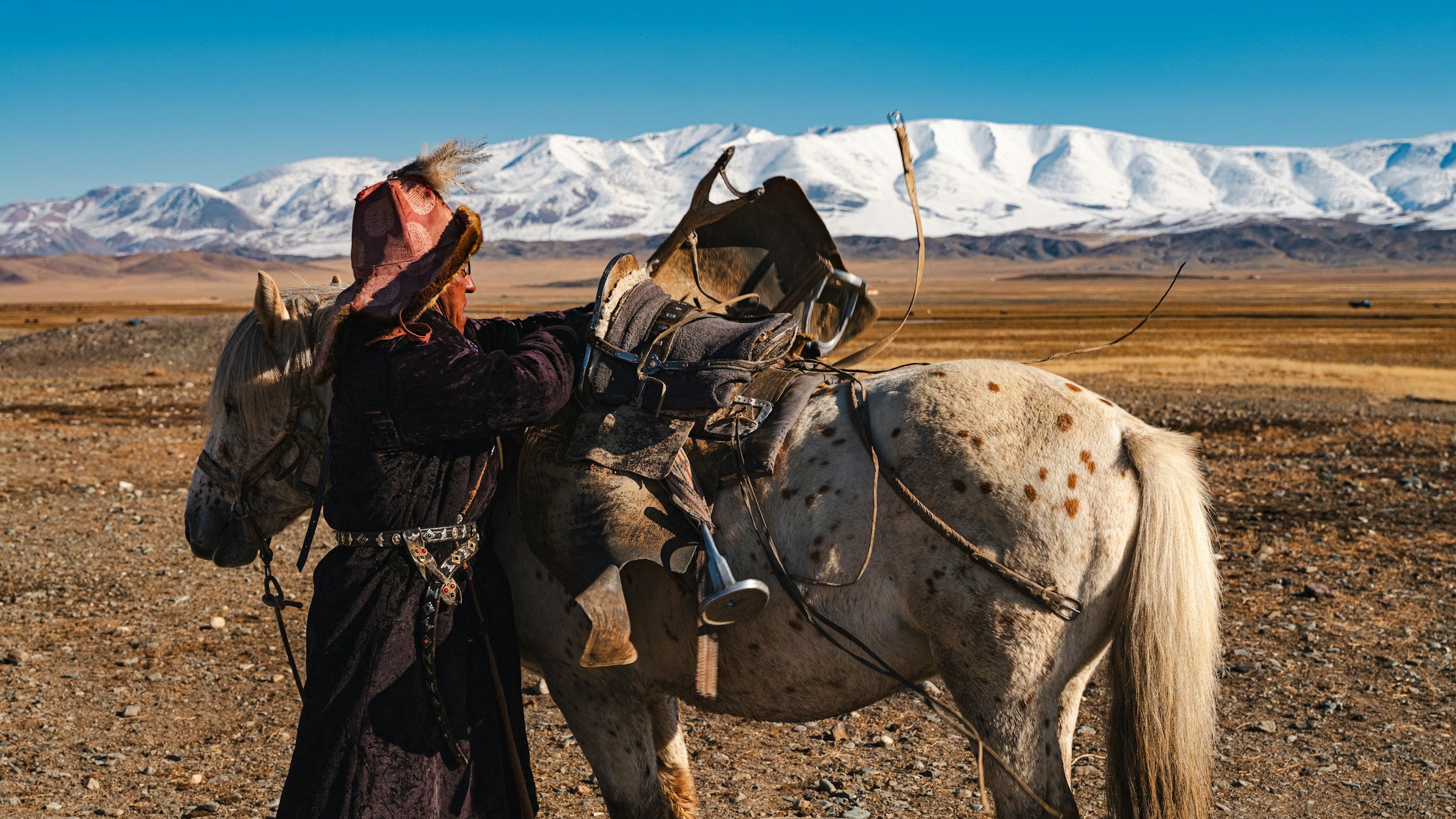 Preparing the horse on the Mongolian steppe