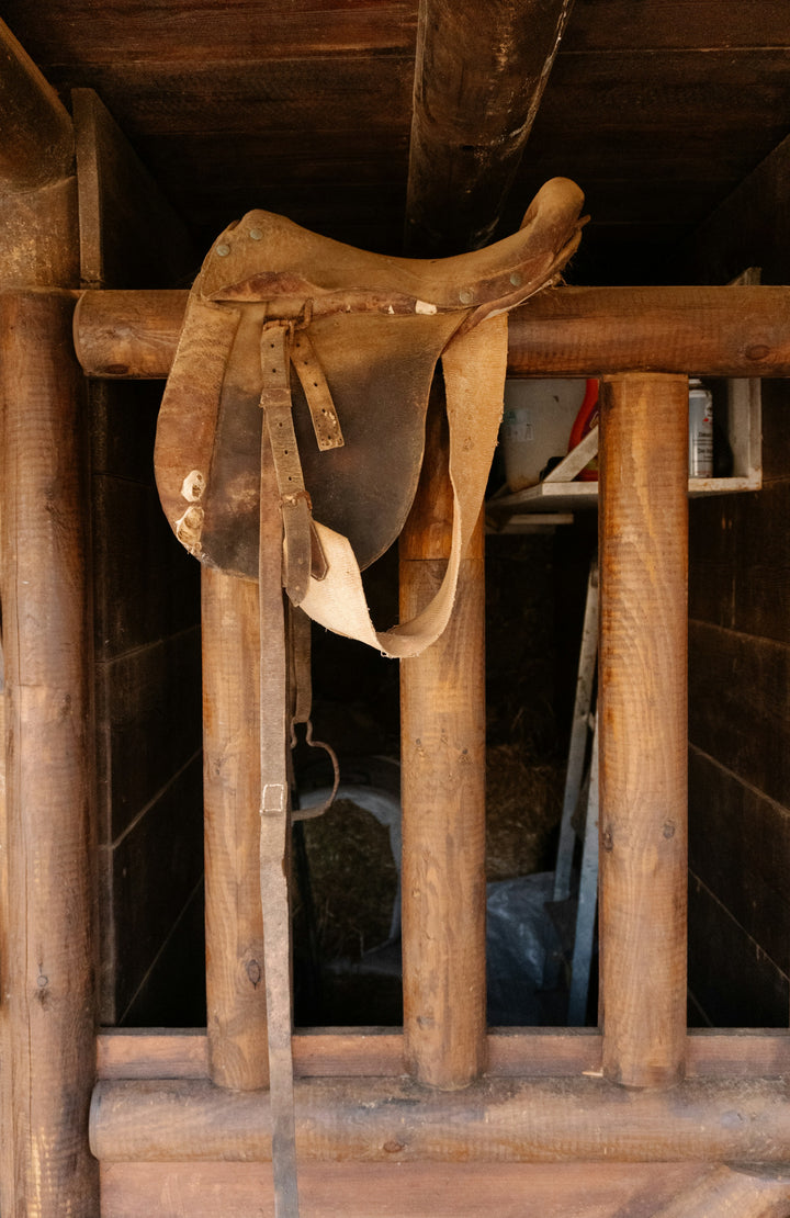 Leather saddle resting on wooden beams