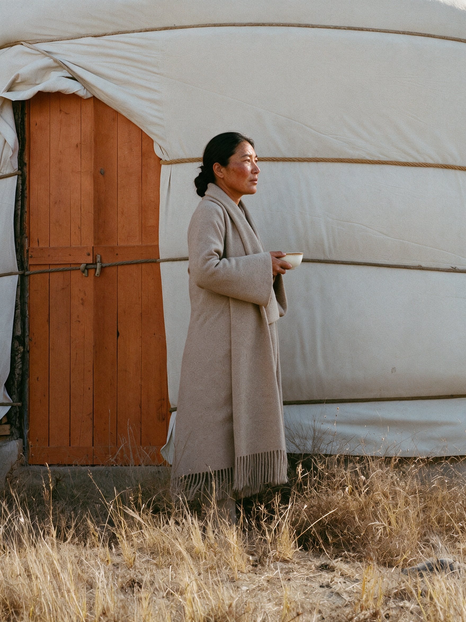 Traveller in the Heritage Poncho at a ger door