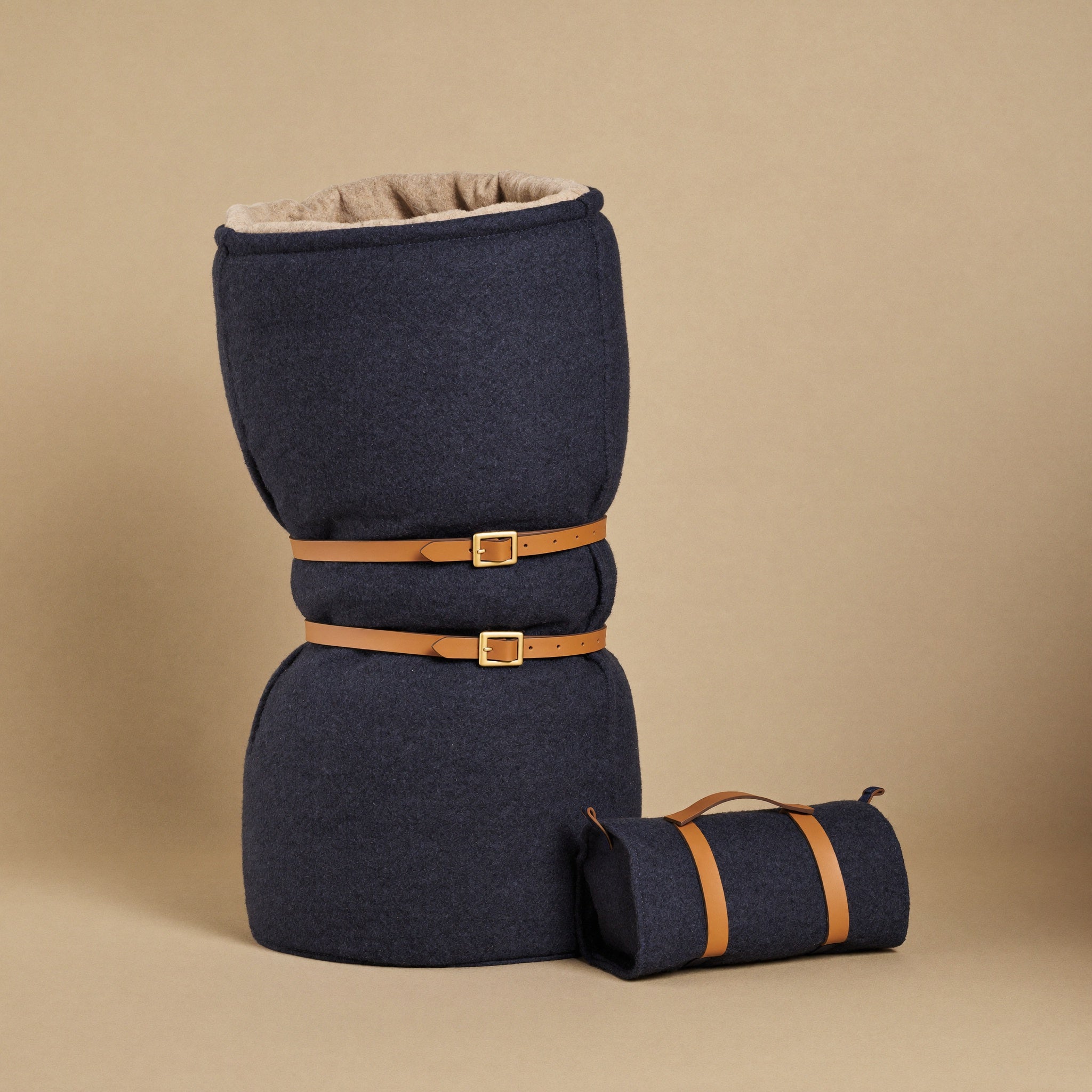 Expedition Sleeping Bag rolled with leather straps