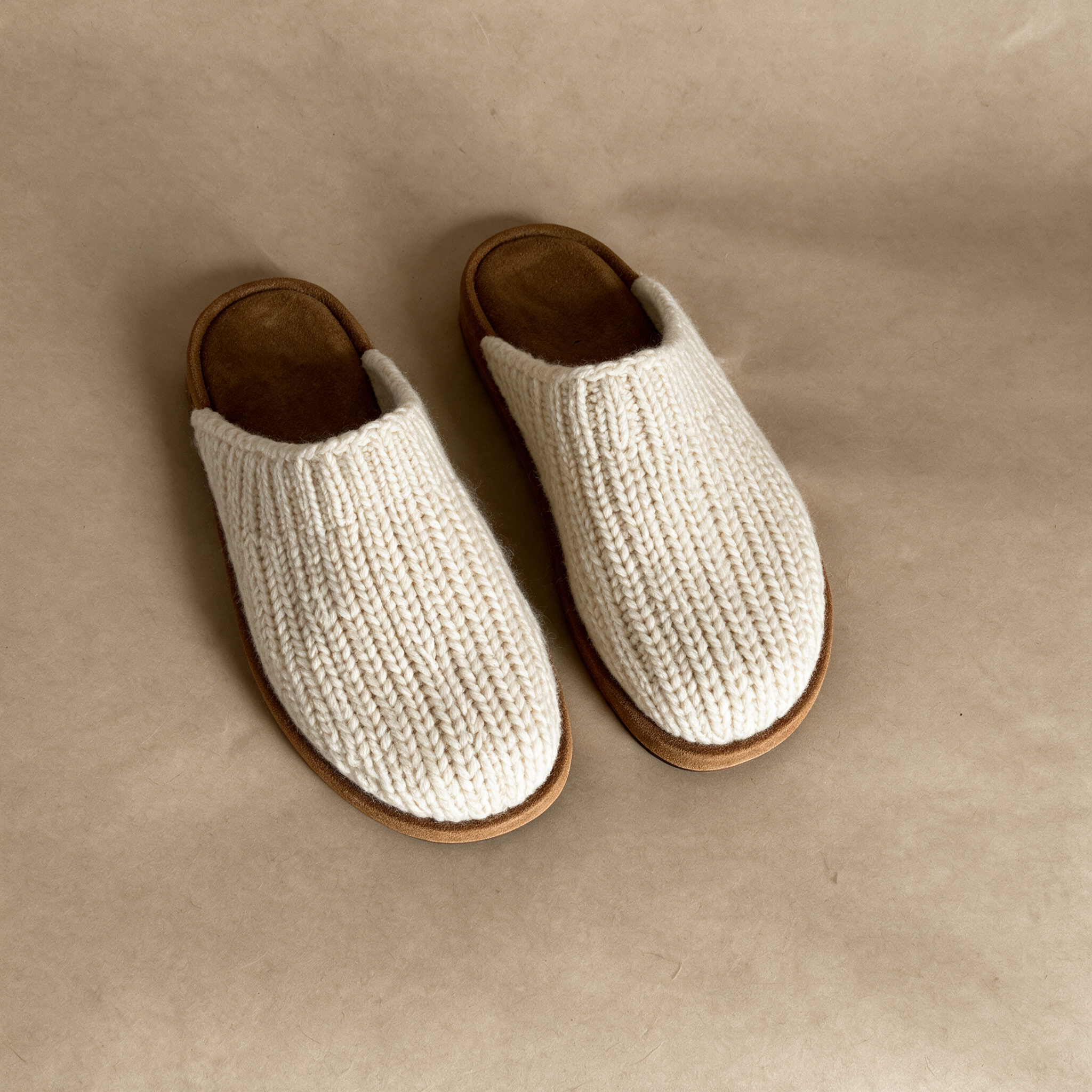 Cashmere Mule Slippers, oatmeal knit with suede soles