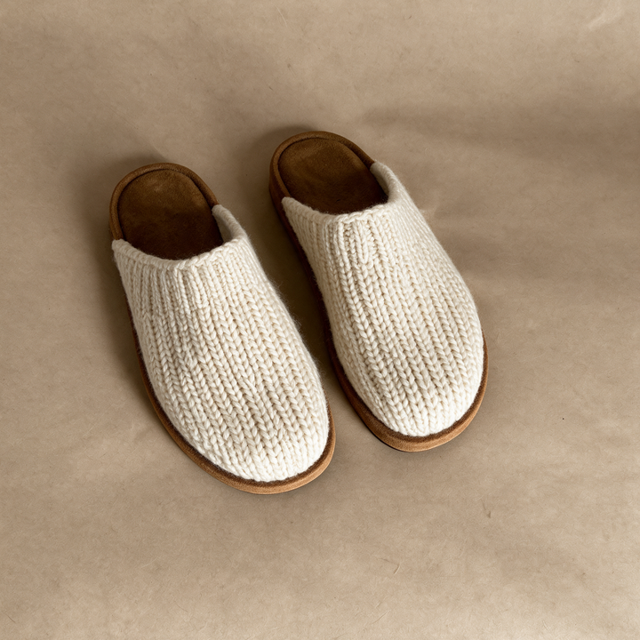 Cashmere Mule Slippers, oatmeal knit with suede soles