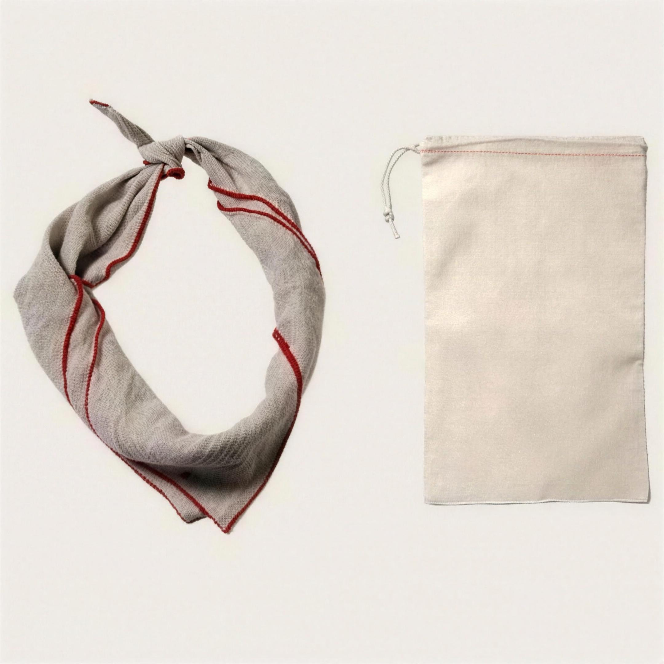 Rolled with its drawstring pouch