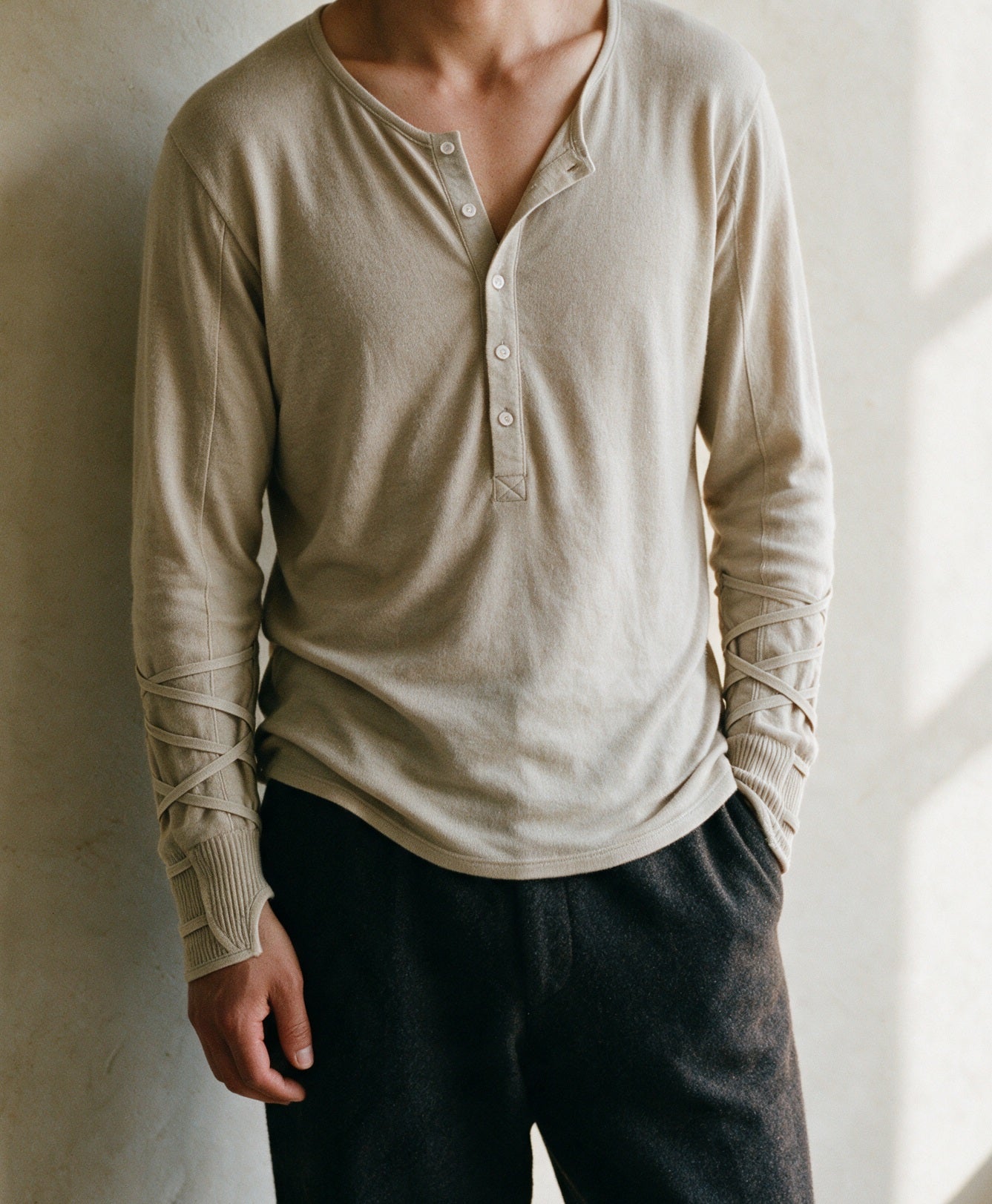 Mergen Henley worn, placket and laced cuffs