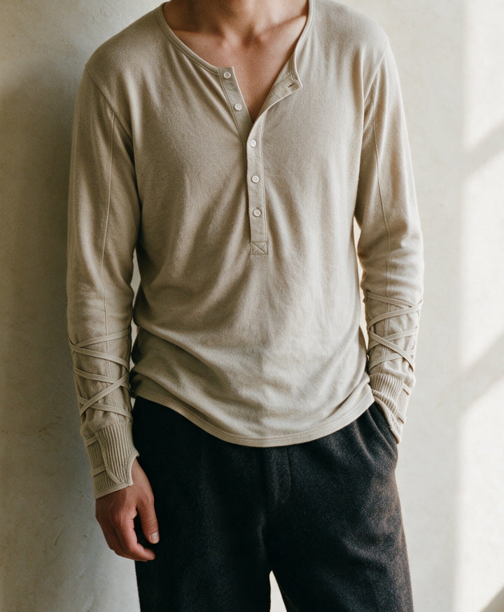 Mergen Henley worn, placket and laced cuffs